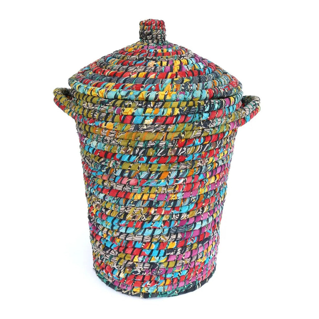 Handwoven Recycled Sari & Kaisa Grass Laundry Hamper